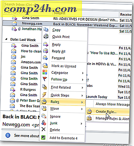 Outlook 2010: Opret en regel til at flytte nye meddelelser til en bestemt mappe
