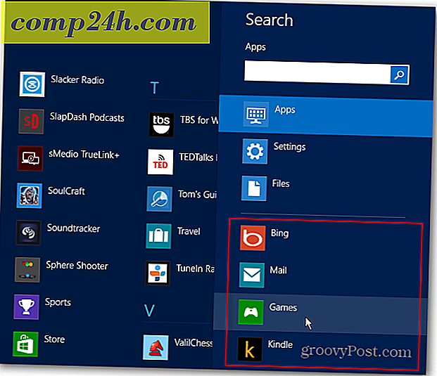Pin eller skjul Windows 8 Apps på søgelinjen
